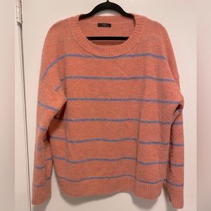 JCrew pink alpaca and merino wool sweater with blue stripes, slightly oversized